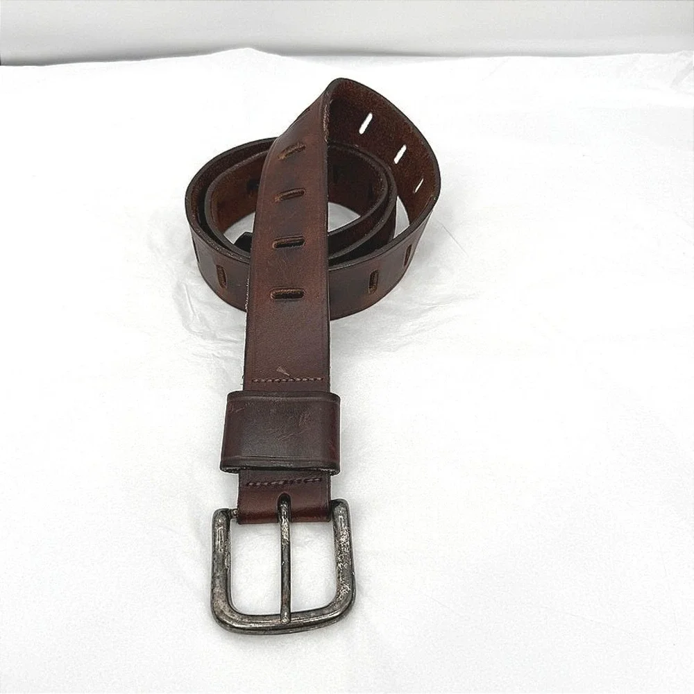 Brown Leather Perforated Belt Distressed Rugged Casual Brown Size 39